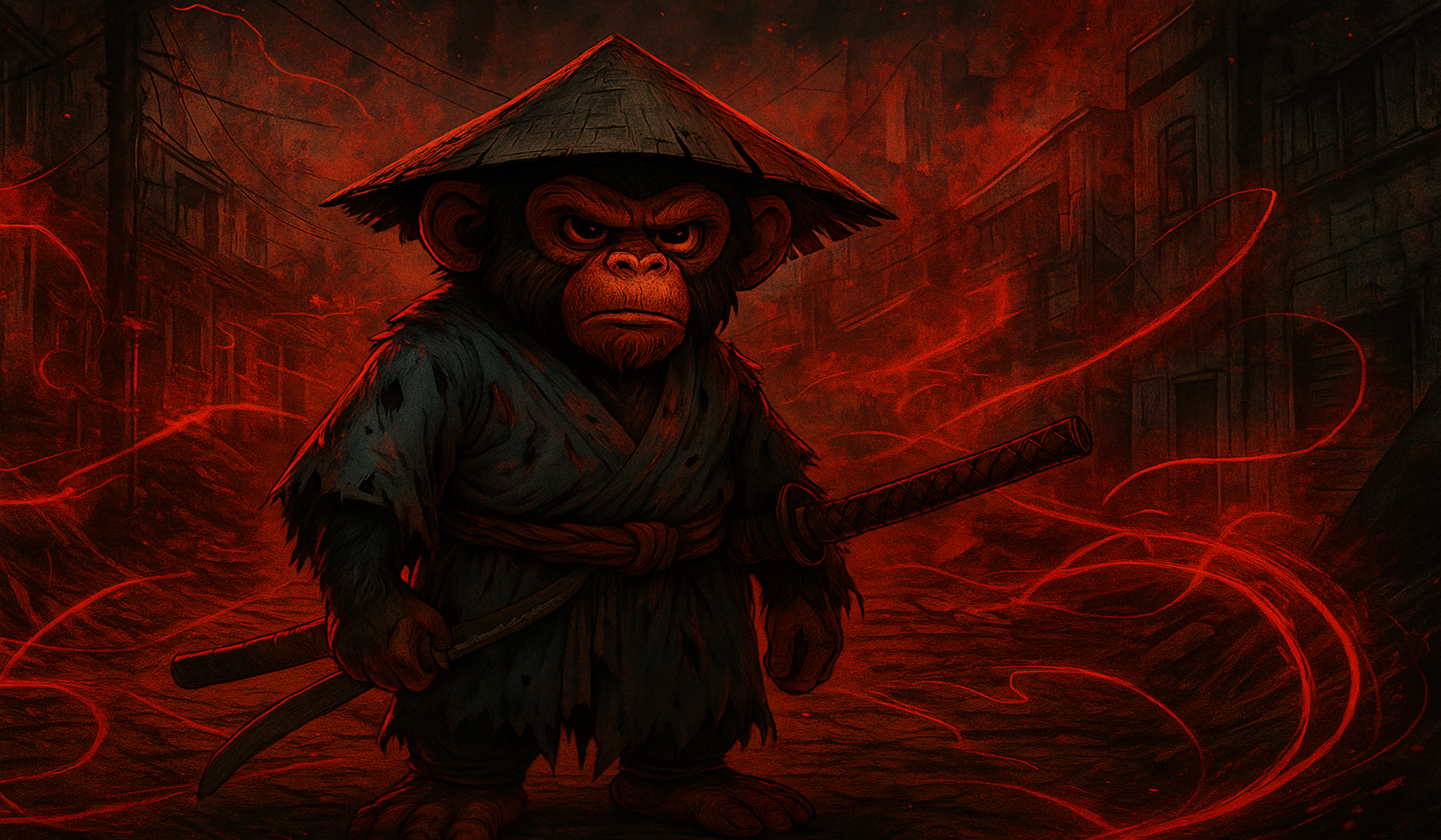 Animated monkey character in a samurai outfit with a red and black background